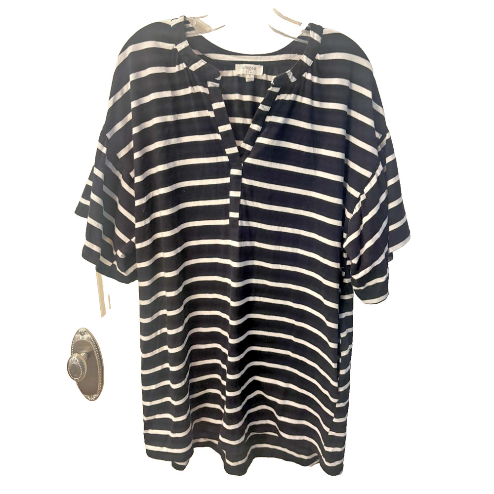 Umgee White Black Striped ShortSleeve Dress Women's Small Relaxed Flowy